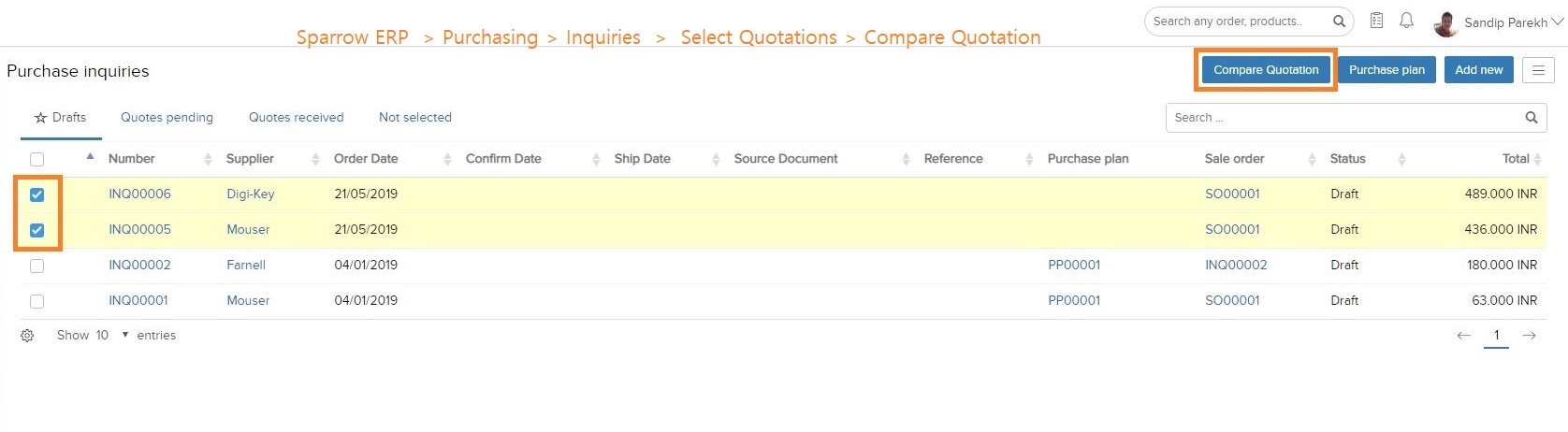 supplier quotations comparison Sparrow ERP