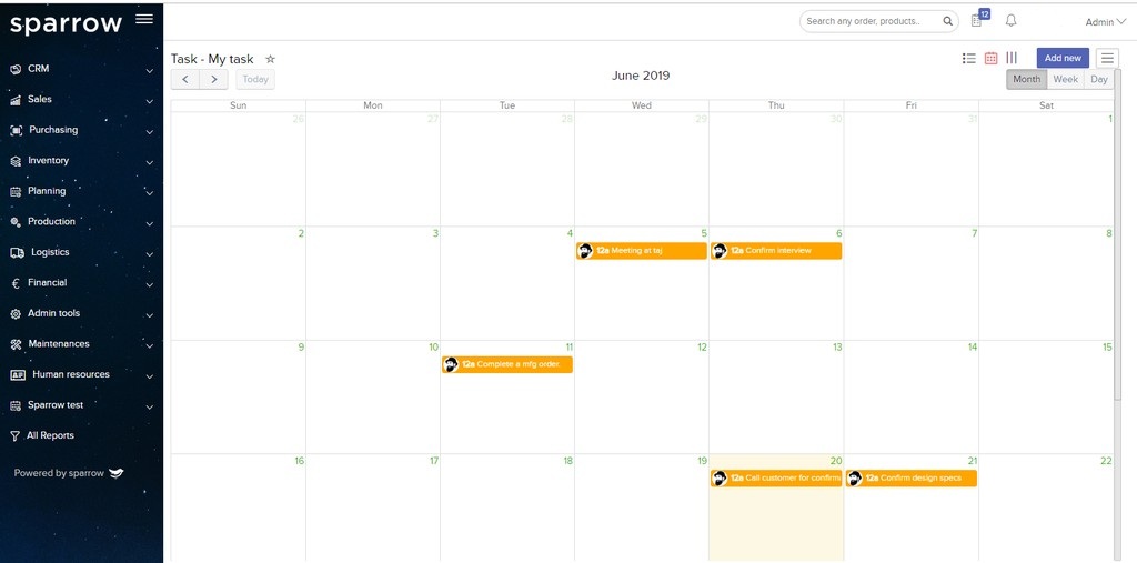 Sparrow ERP Task Management Calendar View